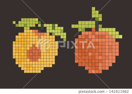 Pixel peach set with whole fruit and half slice on dark brown background in retro vector style Pixel peach set with whole fruit and half slice on dark brown background in retro vector style 142811982