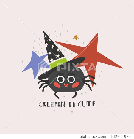 Cute Halloween spider with witch hat and stars in flat vector style for card print and party decor 142811984