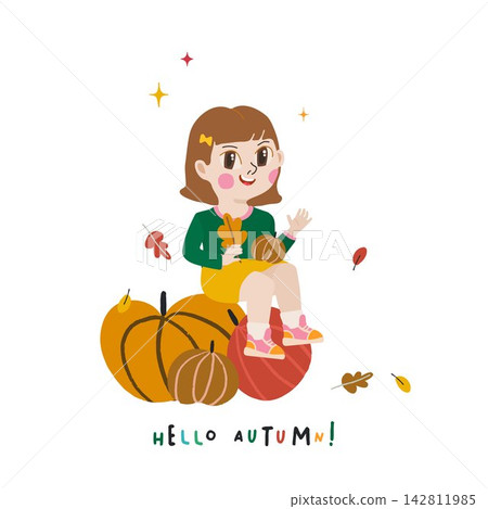 Cute girl sitting on pumpkins with fall leaves and Hello Autumn lettering in hand drawn vector style Cute girl sitting on pumpkins with fall leaves and Hello Autumn lettering in hand drawn vector style 142811985