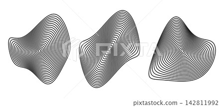 Circular wave pattern with organic sound wave rings creating radial movement. Abstract audio visualization with concentric lines and flowing geometric shapes for modern design. Circular wave pattern with organic sound wave rings creating radial movement. Abstract audio visualization with concentric lines and flowing geometric shapes for modern design. 142811992