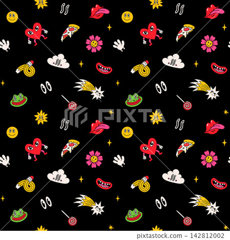 Groovy vector seamless with hearts, flowers and candy Groovy vector seamless with hearts, flowers and candy 142812002