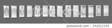 Receipt paper mockup template set with curled thermal strips Receipt paper mockup template set with curled thermal strips 142812145