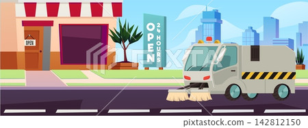 Street cleaning sweeper truck machine with rotating brushes on the city street, vector road cleaning vehicle service Street cleaning sweeper truck machine with rotating brushes on the city street, vector road cleaning vehicle service 142812150