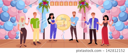 Gender reveal party, pregnant couple holding a surprise inflated balloon with Boy or girl text, banquet hall with guests Gender reveal party, pregnant couple holding a surprise inflated balloon with Boy or girl text, banquet hall with guests 142812152