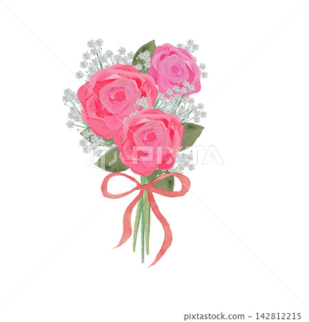 A bouquet of pink roses and baby's breath with a watercolor red ribbon. A bouquet of pink roses and baby's breath with a watercolor red ribbon. 142812215