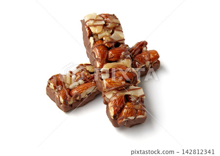 Dark Chocolate Almond and Sea Salt Nut Bars on White Dark Chocolate Almond and Sea Salt Nut Bars on White 142812341