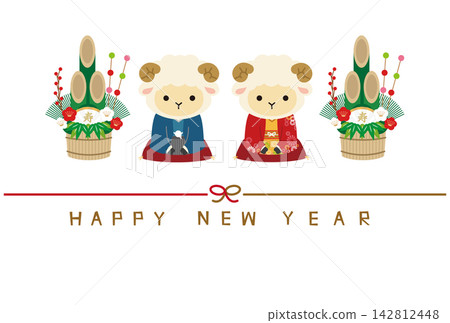 2027 年新年賀卡:一對綿羊和門松(新年松枝裝飾)-日式插圖,配上水引(裝飾繩)。 2027 年新年賀卡:一對綿羊和門松(新年松枝裝飾)-日式插圖,配上水引(裝飾繩)。 142812448