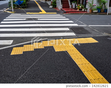 Example of braille block installation in front of a pedestrian crossing Example of braille block installation in front of a pedestrian crossing 142812621