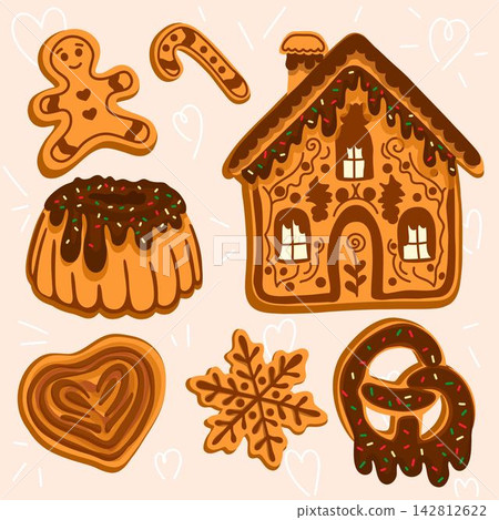 Cute Gingerbread Bakery Illustration Set 142812622