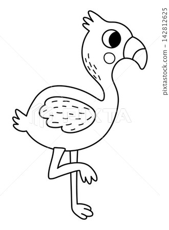 Vector cartoon black and white flamingo. Funny African or safari animal clipart. Cute savannah bird icon for kids. Line savanna element. Africa wildlife illustration, coloring page Vector cartoon black and white flamingo. Funny African or safari animal clipart. Cute savannah bird icon for kids. Line savanna element. Africa wildlife illustration, coloring page 142812625