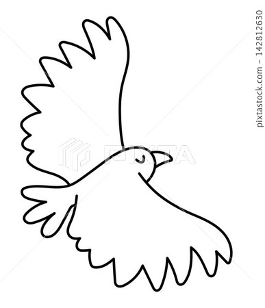 Vector cartoon black and white flying eagle. Funny African or safari animal clipart. Cute savannah bird line icon for kids. Flat savanna element. Africa wildlife illustration, coloring page 142812630