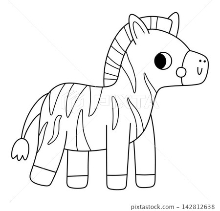 Vector cartoon black and white zebra. Funny African or safari animal clipart. Cute savannah icon for kids. Line savanna element. Africa wildlife illustration, coloring page Vector cartoon black and white zebra. Funny African or safari animal clipart. Cute savannah icon for kids. Line savanna element. Africa wildlife illustration, coloring page 142812638