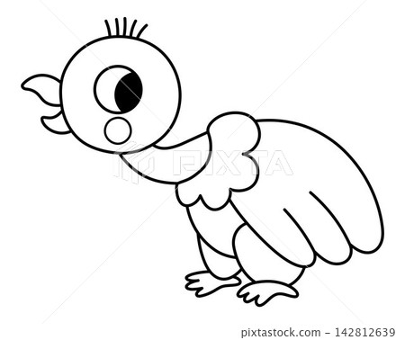 Vector cartoon black and white vulture. Funny African or safari animal clipart. Cute savannah scavenger bird line icon for kids. Savanna element. Africa wildlife illustration, coloring page Vector cartoon black and white vulture. Funny African or safari animal clipart. Cute savannah scavenger bird line icon for kids. Savanna element. Africa wildlife illustration, coloring page 142812639