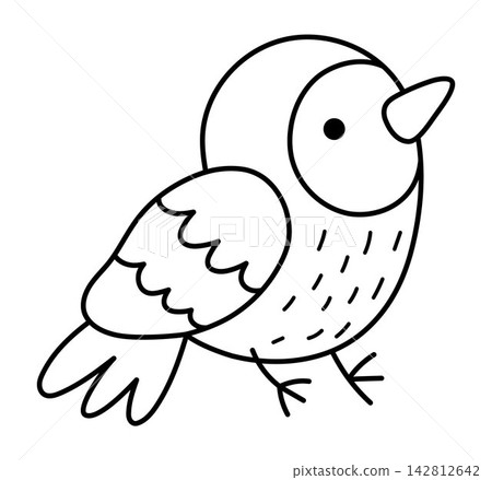Vector cartoon black and white red-billed quelea. Funny African or safari animal clipart. Cute savannah little red bird icon for kids. Line savanna element. Africa wildlife illustration, coloring page 142812642