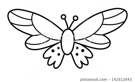 Vector cartoon flying black and white butterfly with spread wings. Funny African safari insect clipart. Cute savannah bug icon for kids. Line savanna element. Africa wildlife illustration, coloring Vector cartoon flying black and white butterfly with spread wings. Funny African safari insect clipart. Cute savannah bug icon for kids. Line savanna element. Africa wildlife illustration, coloring 142812643