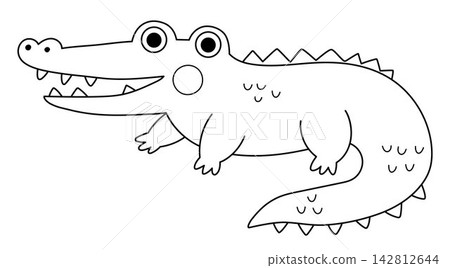 Vector cartoon black and white crocodile. Funny African or safari animal clipart. Cute savannah alligator icon for kids. Line savanna element. Africa wildlife illustration, coloring page 142812644