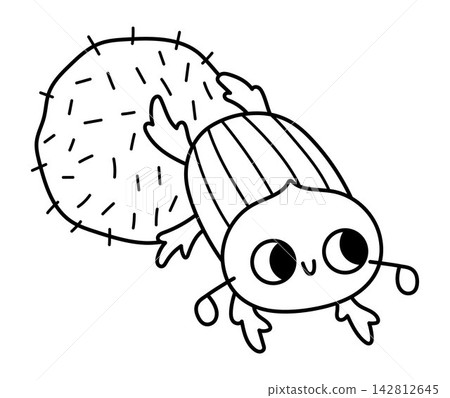 Vector cartoon black and white dung beetle rolling ball. Funny African or safari insect clipart. Cute savannah scarab insect icon for kids. Line savanna bug element. Africa wildlife coloring page Vector cartoon black and white dung beetle rolling ball. Funny African or safari insect clipart. Cute savannah scarab insect icon for kids. Line savanna bug element. Africa wildlife coloring page 142812645