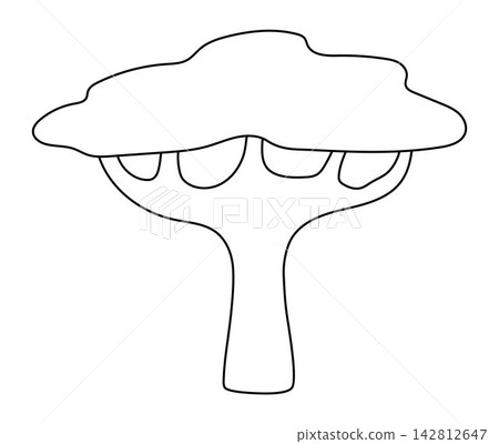 Vector cartoon black and white umbrella thorn acacia. Funny African or safari plant clipart. Cute savannah tree icon for kids. Line savanna element. Africa flora illustration, coloring page 142812647