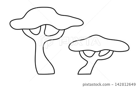 Vector cartoon black and white umbrella thorn acacia. Funny African or safari plant clipart. Cute savannah tree icon for kids. Line savanna element. Africa flora illustration, coloring page Vector cartoon black and white umbrella thorn acacia. Funny African or safari plant clipart. Cute savannah tree icon for kids. Line savanna element. Africa flora illustration, coloring page 142812649