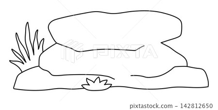Vector cartoon black and white cliff with grass. Funny African or safari nature element clipart. Cute savannah rock, stone or mountain icon for kids. Line savanna illustration, coloring page Vector cartoon black and white cliff with grass. Funny African or safari nature element clipart. Cute savannah rock, stone or mountain icon for kids. Line savanna illustration, coloring page 142812650