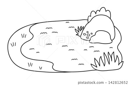 Vector cartoon black and white scene with water, dry land, small hill. African safari nature composition clipart. Minimalistic savannah landscape coloring page. Line savanna element Vector cartoon black and white scene with water, dry land, small hill. African safari nature composition clipart. Minimalistic savannah landscape coloring page. Line savanna element 142812652