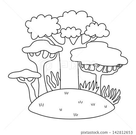 Vector cartoon black and white African trees on ground. Funny safari plants composition clipart. Cute savannah tree scene icon for kids. Line savanna element. Africa flora illustration, coloring page Vector cartoon black and white African trees on ground. Funny safari plants composition clipart. Cute savannah tree scene icon for kids. Line savanna element. Africa flora illustration, coloring page 142812653