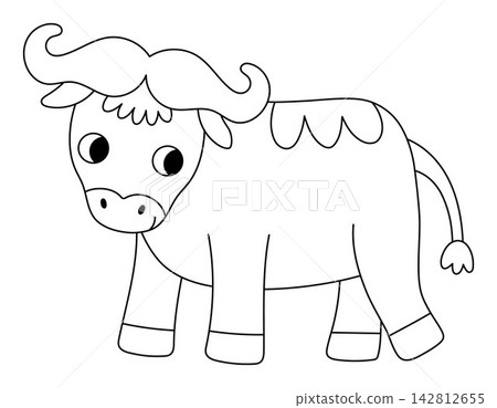 Vector cartoon black and white buffalo. Funny African or safari animal clipart. Cute savannah bull icon for kids. Line savanna element. Africa wildlife illustration, coloring page Vector cartoon black and white buffalo. Funny African or safari animal clipart. Cute savannah bull icon for kids. Line savanna element. Africa wildlife illustration, coloring page 142812655