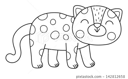Vector cartoon black and white leopard. Funny African or safari animal clipart. Cute savannah icon for kids. Line savanna element. Africa wildlife illustration, coloring page 142812658
