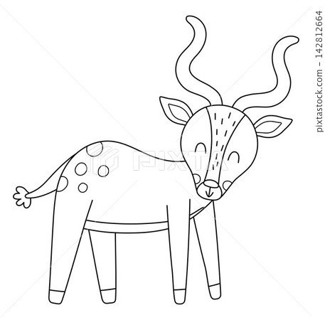 Vector black and white cartoon antelope. Funny African or safari animal clipart. Cute savannah gazelle icon for kids. Line savanna element. Africa wildlife illustration, coloring page 142812664