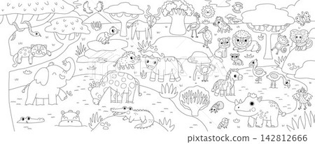 Horizontal black and white cartoon African animals border background. Nature line savanna landscape with trees, plant. Safari wildlife panorama scene, coloring page with baobab, elephant, giraffe Horizontal black and white cartoon African animals border background. Nature line savanna landscape with trees, plant. Safari wildlife panorama scene, coloring page with baobab, elephant, giraffe 142812666