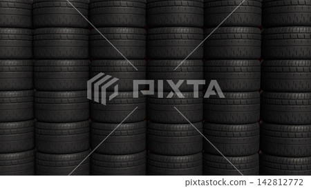 Stacked Black Car Tires with Detailed Tread Patterns 3d render. Stacked Black Car Tires with Detailed Tread Patterns 3d render. 142812772