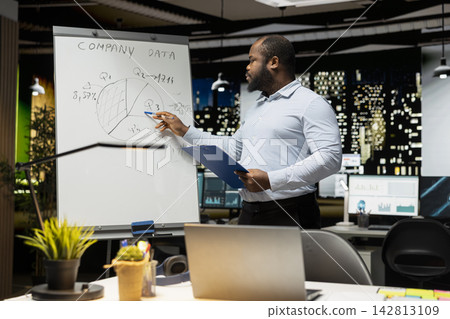 African american worker summarizing insights and reports on a white board, making projections with candlestick charts data using analysis. Forecasting numbers to achieve objectives. African american worker summarizing insights and reports on a white board, making projections with candlestick charts data using analysis. Forecasting numbers to achieve objectives. 142813109
