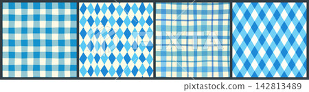 Blue vector seamless patterns set with gingham, plaid and diamond shapes designs for Oktoberfest and Father's Day backgrounds, banners and cards Blue vector seamless patterns set with gingham, plaid and diamond shapes designs for Oktoberfest and Father's Day backgrounds, banners and cards 142813489