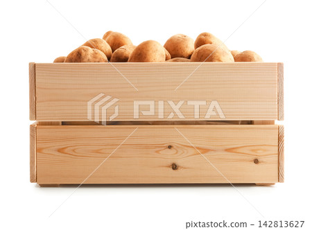 Fresh raw potato harvest in a wooden crate or box. Organic agriculture root crop vegetable isolated on a white background. Natural healthy food ingredient ready for storage. Fresh raw potato harvest in a wooden crate or box. Organic agriculture root crop vegetable isolated on a white background. Natural healthy food ingredient ready for storage. 142813627