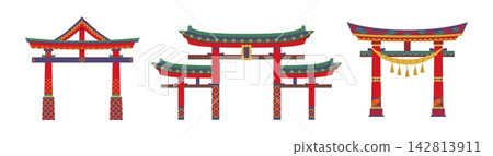 Japanese torii gates, asian shinto temple entrance arches. Cartoon red torii or tori gates set of wood pillar arches with traditional oriental pattern, rice straw cord shimenawa and metal tablet Japanese torii gates, asian shinto temple entrance arches. Cartoon red torii or tori gates set of wood pillar arches with traditional oriental pattern, rice straw cord shimenawa and metal tablet 142813911