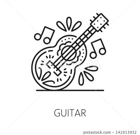Mexican guitar icon for Mexican Day of the Dead and holiday music instrument symbol. Dia de los Muertos fiesta celebration icon of guitar with flowers ornament for Mexican festival culture tradition Mexican guitar icon for Mexican Day of the Dead and holiday music instrument symbol. Dia de los Muertos fiesta celebration icon of guitar with flowers ornament for Mexican festival culture tradition 142813932