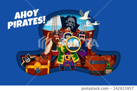 Pirate paper cut tricorn cocked hat shape banner. Cartoon vector 3d frame with sea captains, sailing ship, skull flag, treasure chest, rum barrel and seagull. Ahoy pirates adventure with ship crew Pirate paper cut tricorn cocked hat shape banner. Cartoon vector 3d frame with sea captains, sailing ship, skull flag, treasure chest, rum barrel and seagull. Ahoy pirates adventure with ship crew 142813957