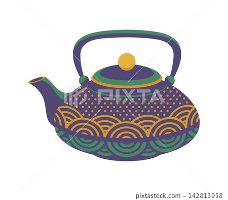 Japanese cast iron teapot with curved handle, short spout and traditional seigaiha wave ornament. Vector kettle icon of tea ceremony, Japan culture, Asian drink, kitchen utensil, travel and tradition Japanese cast iron teapot with curved handle, short spout and traditional seigaiha wave ornament. Vector kettle icon of tea ceremony, Japan culture, Asian drink, kitchen utensil, travel and tradition 142813958