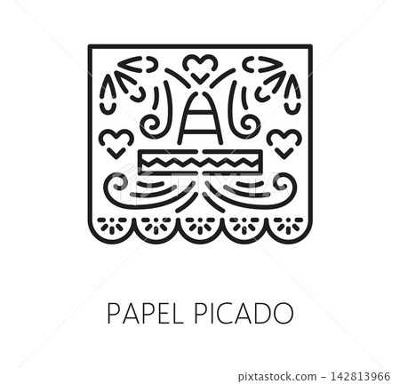 Mexican papel picado line icon for Mexico holiday celebration of Dia de los Muertos. Papel picado icon with sombrero, mustaches and marigold flowers for Mexican Day of the Dead traditional decoration Mexican papel picado line icon for Mexico holiday celebration of Dia de los Muertos. Papel picado icon with sombrero, mustaches and marigold flowers for Mexican Day of the Dead traditional decoration 142813966