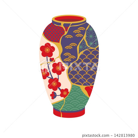 Japanese ceramic vase with plum blossom branches, seigaiha waves and geometric ornament. Vector icon of traditional pottery, Asian decor, Japan culture, craft, flower pattern and interior art Japanese ceramic vase with plum blossom branches, seigaiha waves and geometric ornament. Vector icon of traditional pottery, Asian decor, Japan culture, craft, flower pattern and interior art 142813980