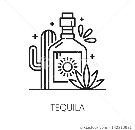 Tequila line icon for Mexican holiday and Mexico celebration traditional drink. Mexican tequila bottle of agave cactus, alcohol beverage in Mexico culture and ethnic drink of Latin festival fiesta Tequila line icon for Mexican holiday and Mexico celebration traditional drink. Mexican tequila bottle of agave cactus, alcohol beverage in Mexico culture and ethnic drink of Latin festival fiesta 142813981