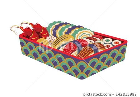 Japanese bento lunch box meal, lunchbox with seafood as sushi, shrimp, rice rolls and traditional Asian food. Vector isolated container icon filled with healthy food items for school and picnics Japanese bento lunch box meal, lunchbox with seafood as sushi, shrimp, rice rolls and traditional Asian food. Vector isolated container icon filled with healthy food items for school and picnics 142813982