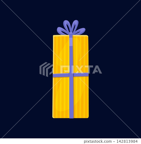 Christmas gift box for holiday decoration and New Year winter festive cartoon present. Christmas gift in yellow paper wrapper with blue ribbon for Merry Xmas greeting and Santa winter season gift 142813984