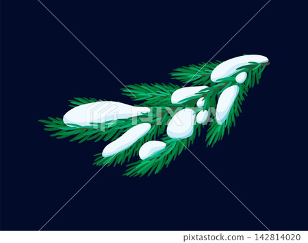 Christmas cartoon snowy spruce twig decoration. Merry Christmas holiday isolated object, Christmas festive cartoon vector decor element. Winter season sticker or happy New Year holiday decoration Christmas cartoon snowy spruce twig decoration. Merry Christmas holiday isolated object, Christmas festive cartoon vector decor element. Winter season sticker or happy New Year holiday decoration 142814020