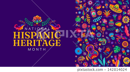 National Hispanic heritage month banner with ethnic ornament pattern Hispanic heritage month holiday with Mexican huichol folk art of sombrero, tequila and colorful flowers National Hispanic heritage month banner with ethnic ornament pattern Hispanic heritage month holiday with Mexican huichol folk art of sombrero, tequila and colorful flowers 142814024