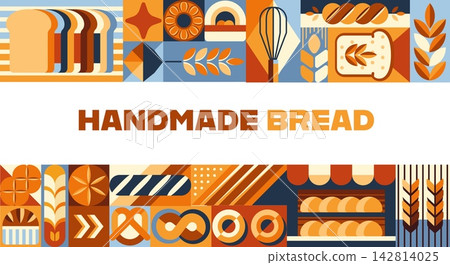 Handmade bread, bakery and pastry shop banner with geometric pattern ornament. Vector retro modern decorative tile background with loaf, baguette, wheat and bakery icons for packaging, textile or menu 142814025