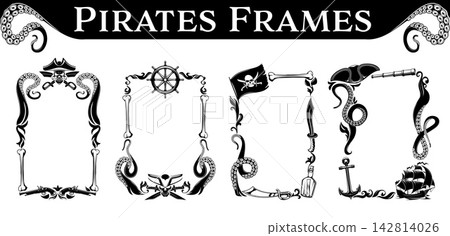 Black pirate frame with octopus tentacles, bones and swords. Piracy borders of pirate sail ship, anchor and skull in captain tricorn hat. Black flag, treasure map in bottle and spyglass frames set Black pirate frame with octopus tentacles, bones and swords. Piracy borders of pirate sail ship, anchor and skull in captain tricorn hat. Black flag, treasure map in bottle and spyglass frames set 142814026