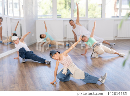Group of children dancers having break dance training at dance studio Group of children dancers having break dance training at dance studio 142814585