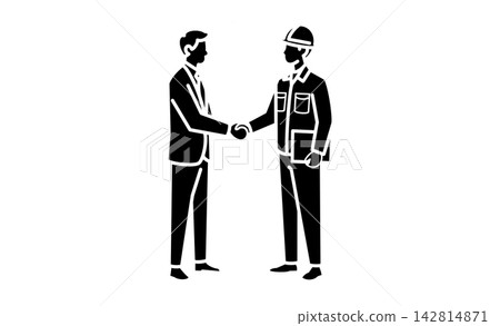 An icon illustration representing collaboration, contracts, and partnerships, depicting a handshake between a businessman and on-site staff. An icon illustration representing collaboration, contracts, and partnerships, depicting a handshake between a businessman and on-site staff. 142814871