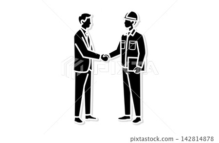 An icon illustration representing collaboration, contracts, and partnerships, depicting a handshake between a businessman and on-site staff. An icon illustration representing collaboration, contracts, and partnerships, depicting a handshake between a businessman and on-site staff. 142814878
